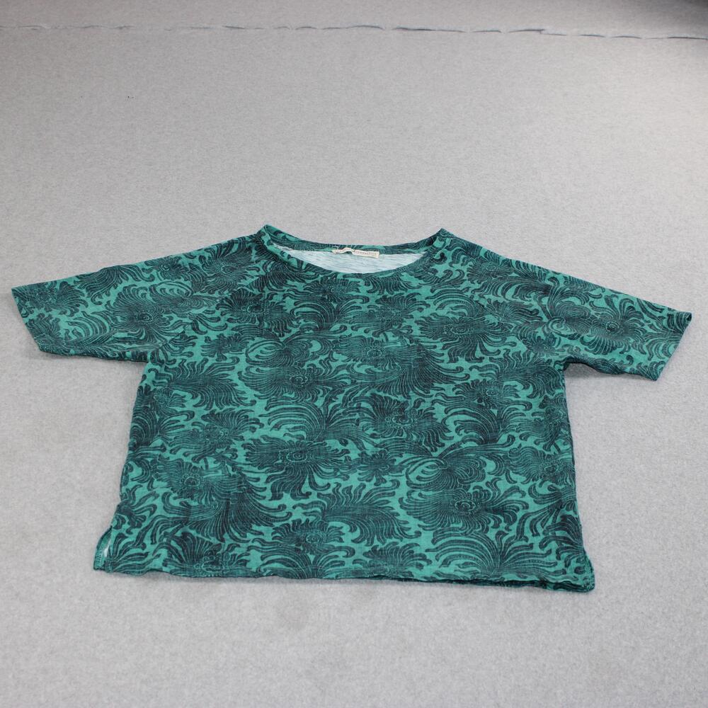 Peruvian Connection Shirt Women XS/S Green Floral Cotton Side Slit Boho Peru